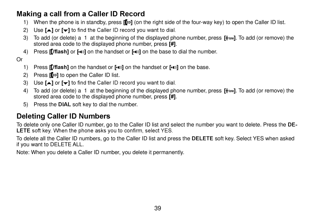 Uniden TRU9465 manual Making a call from a Caller ID Record, Deleting Caller ID Numbers 