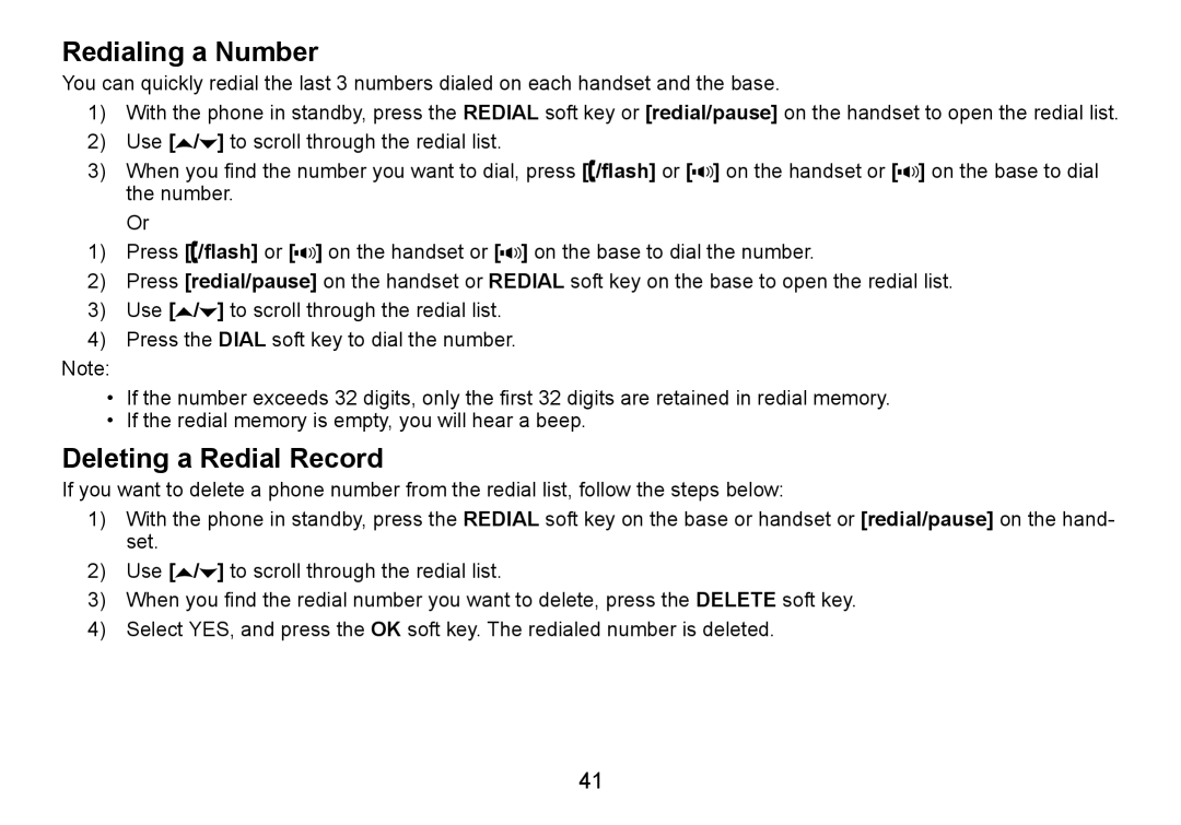 Uniden TRU9465 manual Redialing a Number, Deleting a Redial Record 