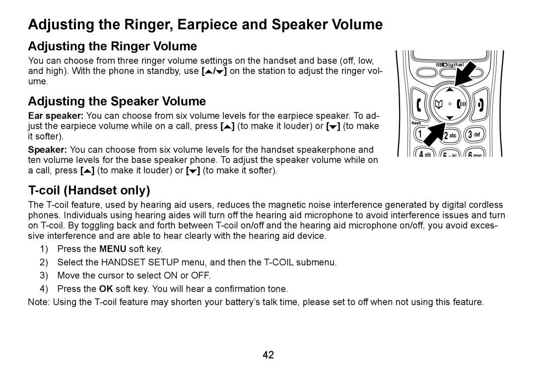 Uniden TRU9465 manual Adjusting the Ringer, Earpiece and Speaker Volume, Adjusting the Ringer Volume, Coil Handset only 