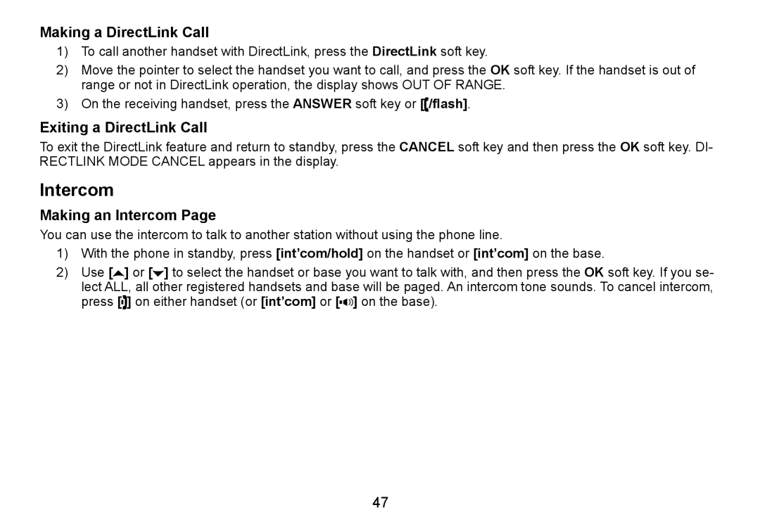 Uniden TRU9465 manual Making a DirectLink Call, Exiting a DirectLink Call, Making an Intercom 