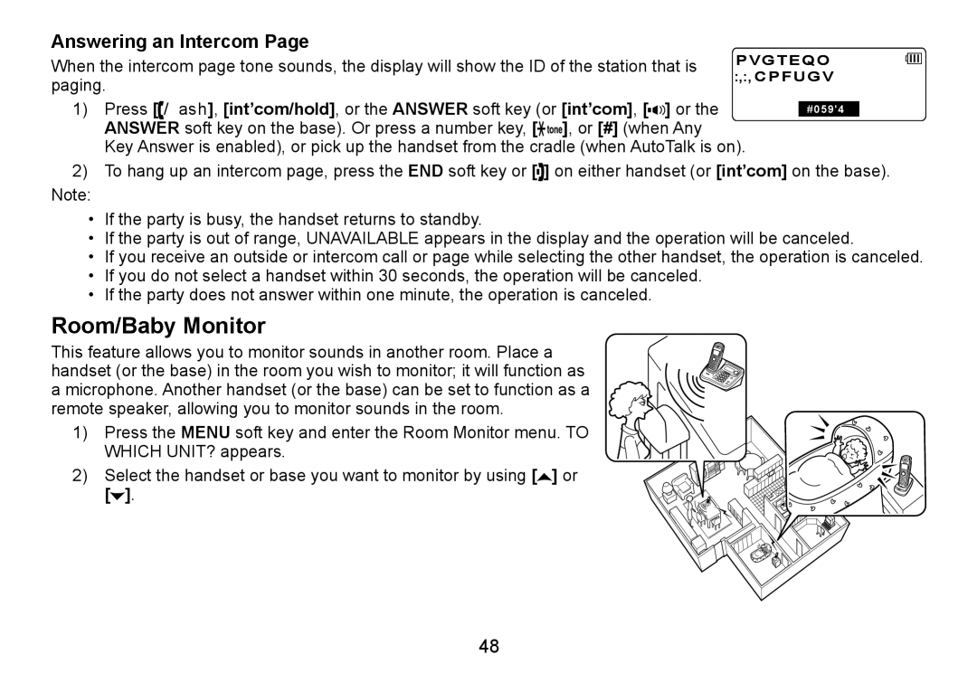 Uniden TRU9465 manual Room/Baby Monitor, Answering an Intercom 