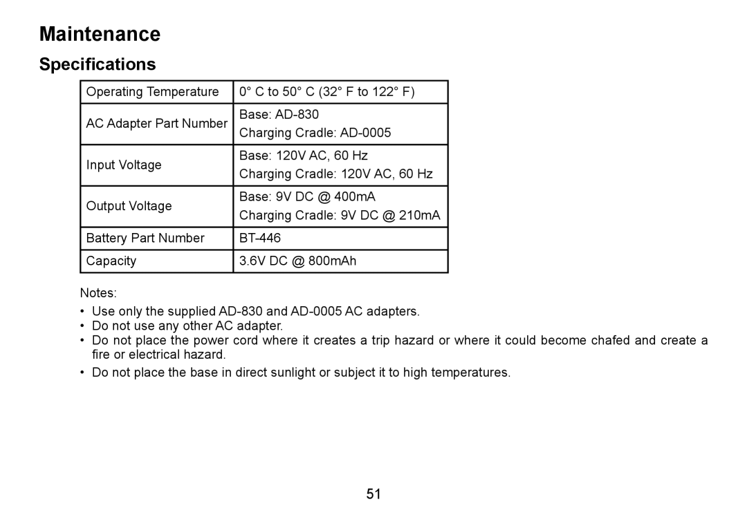 Uniden TRU9465 manual Maintenance, Specifications 