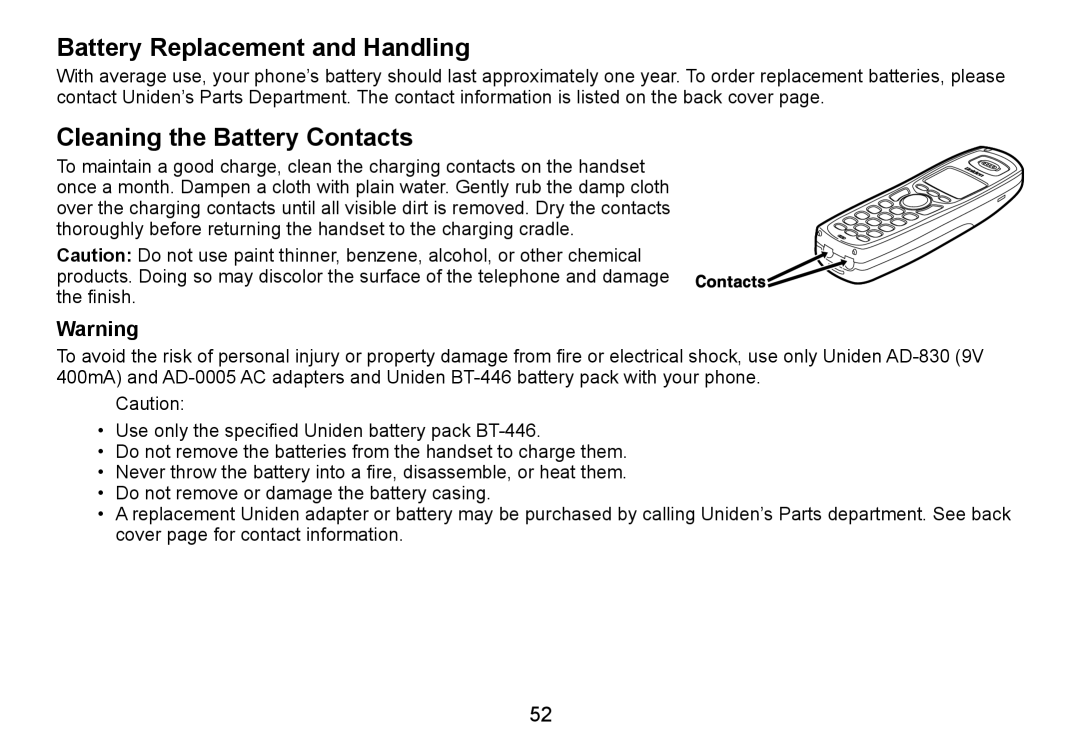 Uniden TRU9465 manual Battery Replacement and Handling, Cleaning the Battery Contacts 