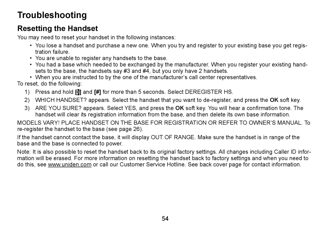 Uniden TRU9465 manual Troubleshooting, Resetting the Handset 