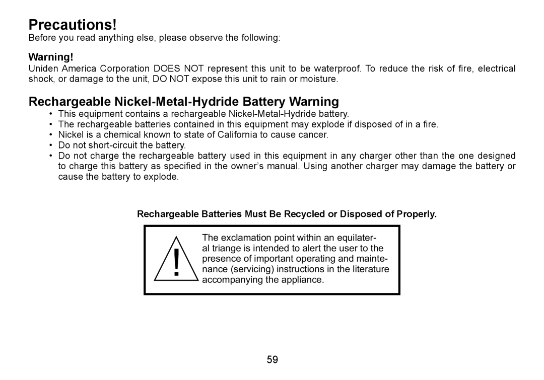 Uniden TRU9465 manual Precautions, Rechargeable Nickel-Metal-Hydride Battery Warning 