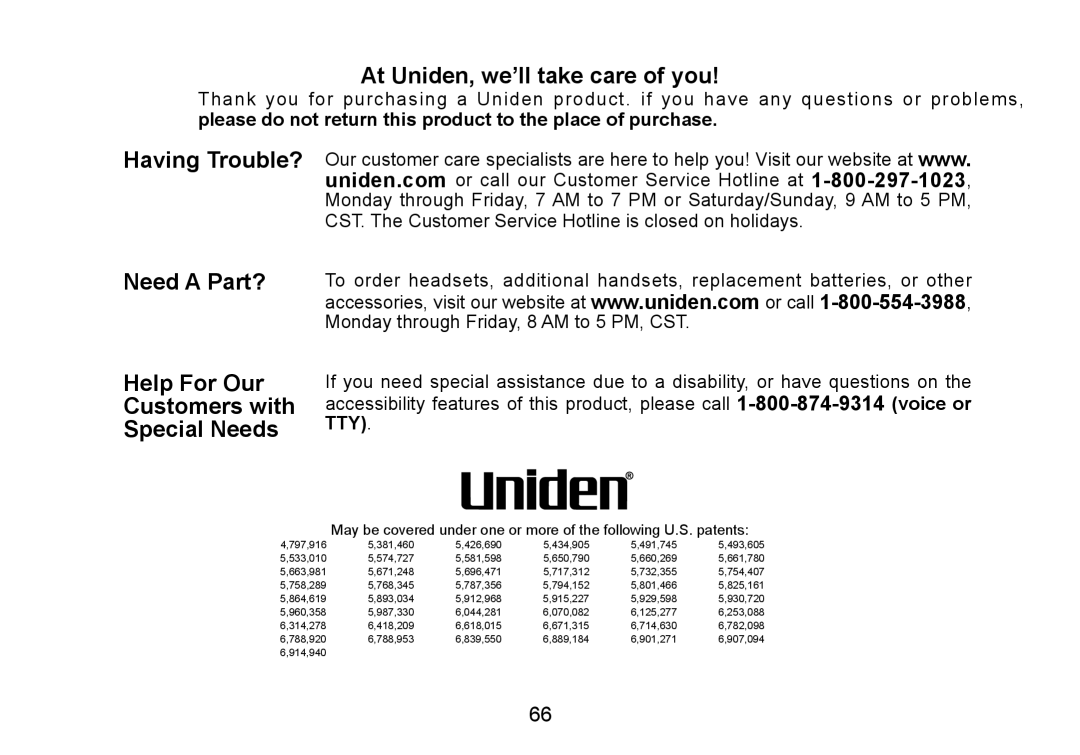 Uniden TRU9465 manual At Uniden, we’ll take care of you, Please do not return this product to the place of purchase 