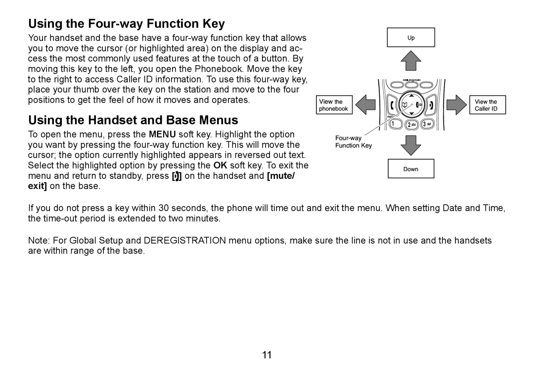 Uniden TRU9466 manual Using the Four-way Function Key, Using the Handset and Base Menus 