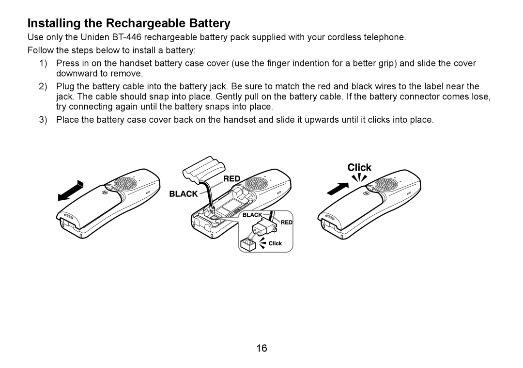 Uniden TRU9466 manual Installing the Rechargeable Battery 