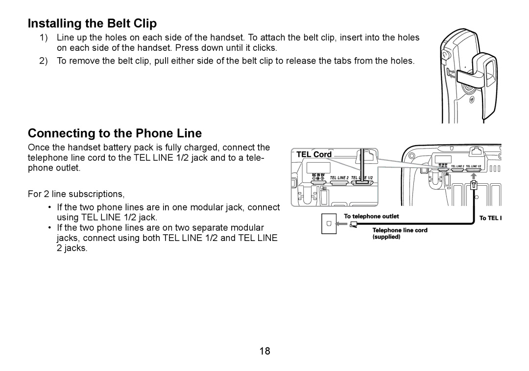 Uniden TRU9466 manual Installing the Belt Clip, Connecting to the Phone Line 