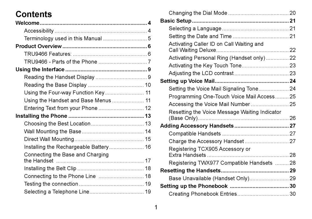 Uniden TRU9466 manual Contents 