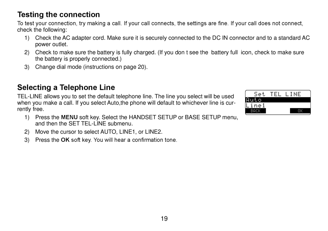 Uniden TRU9466 manual Testing the connection, Selecting a Telephone Line 