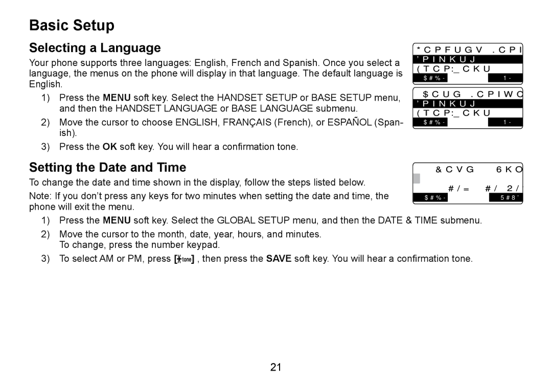 Uniden TRU9466 manual Basic Setup, Selecting a Language, Setting the Date and Time 