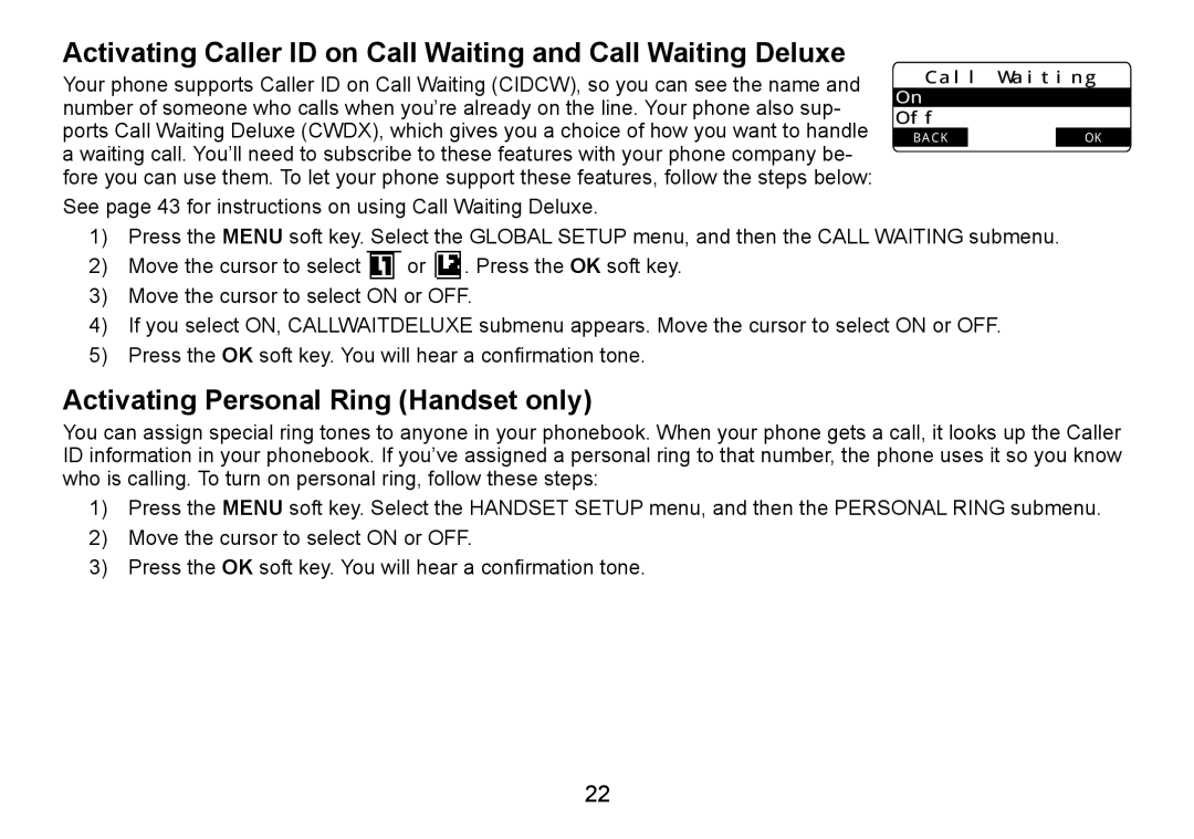 Uniden TRU9466 manual Activating Caller ID on Call Waiting and Call Waiting Deluxe, Activating Personal Ring Handset only 