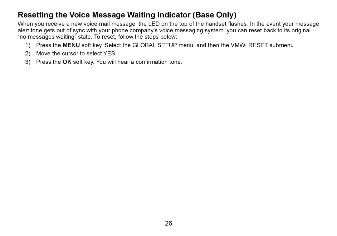 Uniden TRU9466 manual Resetting the Voice Message Waiting Indicator Base Only 