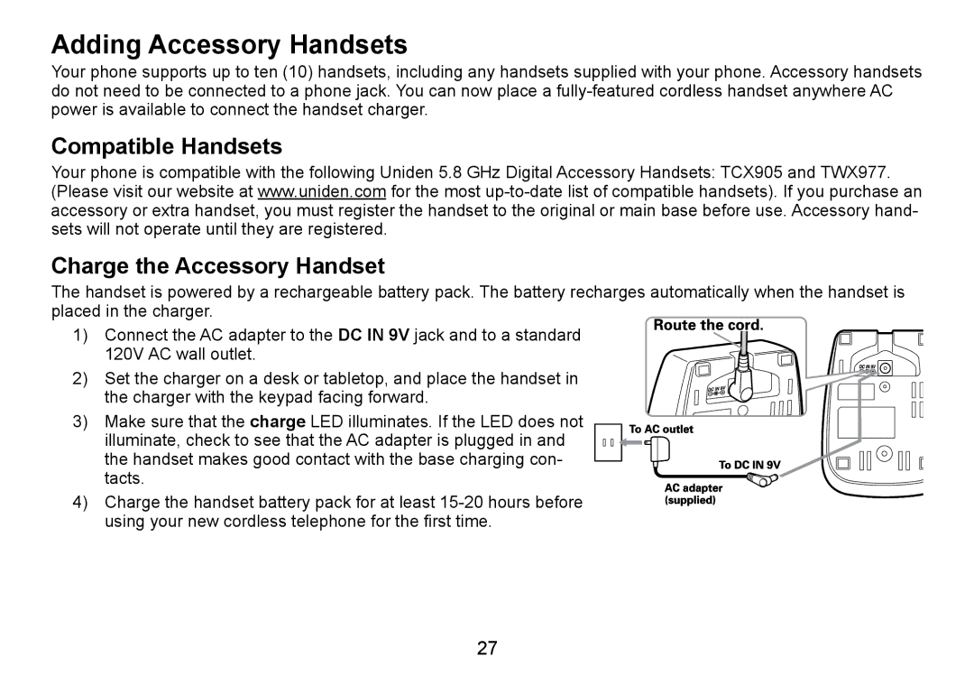 Uniden TRU9466 manual Adding Accessory Handsets, Compatible Handsets Charge the Accessory Handset 