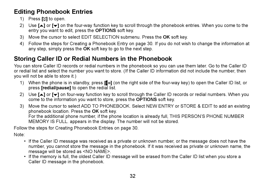 Uniden TRU9466 manual Editing Phonebook Entries, Storing Caller ID or Redial Numbers in the Phonebook 