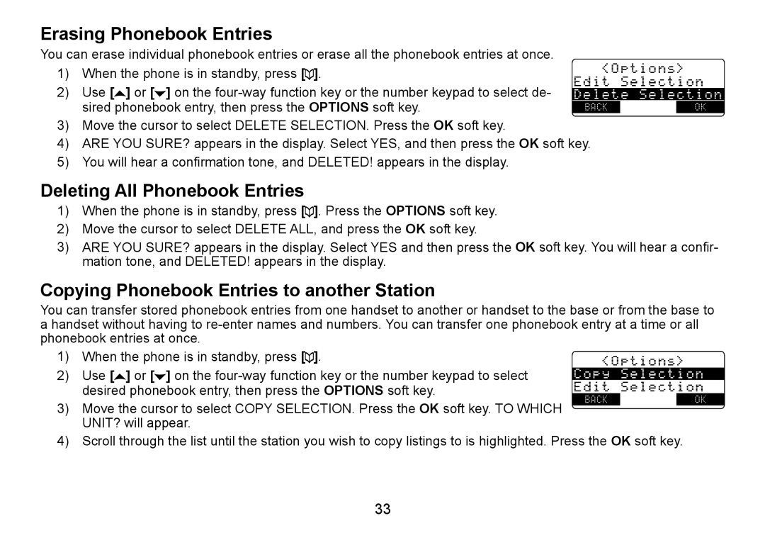 Uniden TRU9466 Erasing Phonebook Entries, Deleting All Phonebook Entries, Copying Phonebook Entries to another Station 