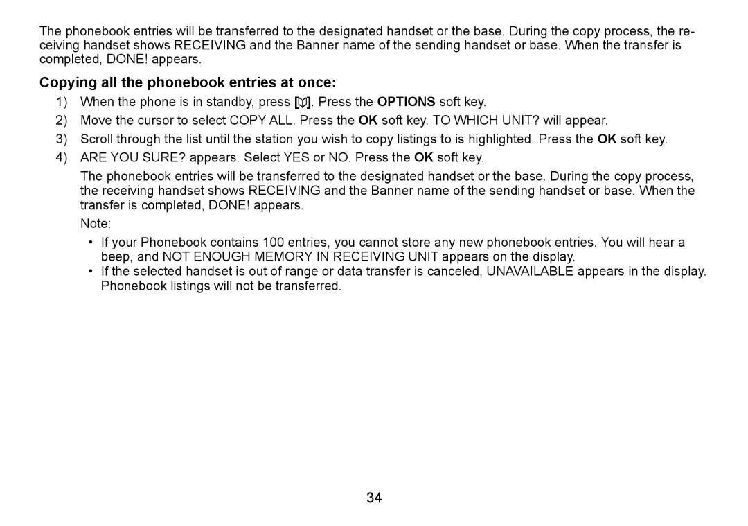 Uniden TRU9466 manual Copying all the phonebook entries at once 