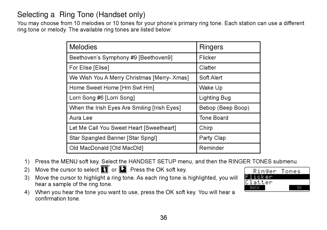 Uniden TRU9466 manual Selecting a Ring Tone Handset only, Melodies Ringers 