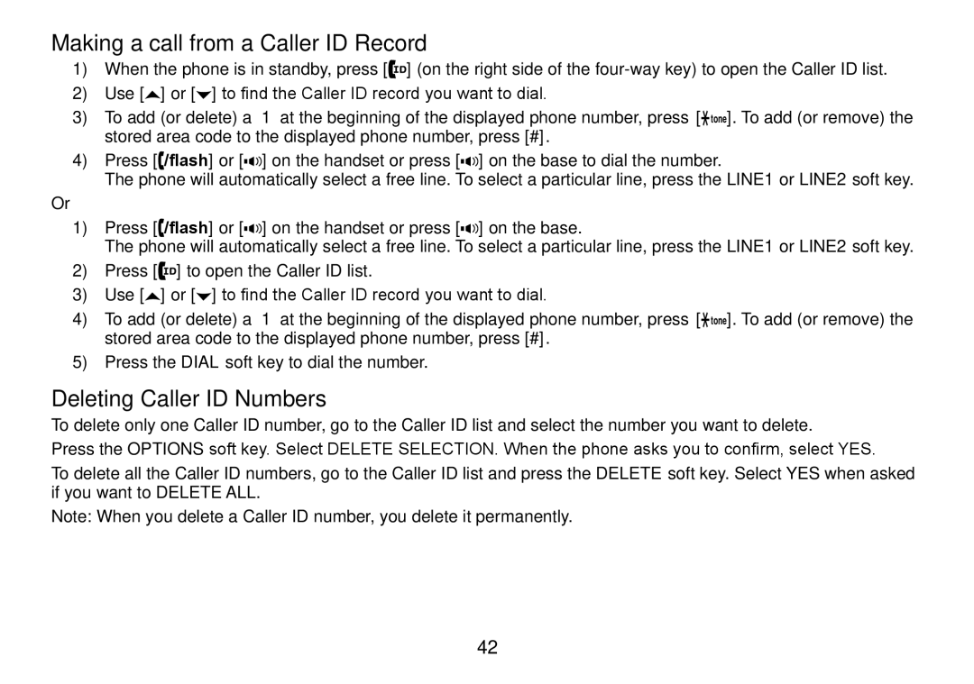 Uniden TRU9466 manual Making a call from a Caller ID Record, Deleting Caller ID Numbers 