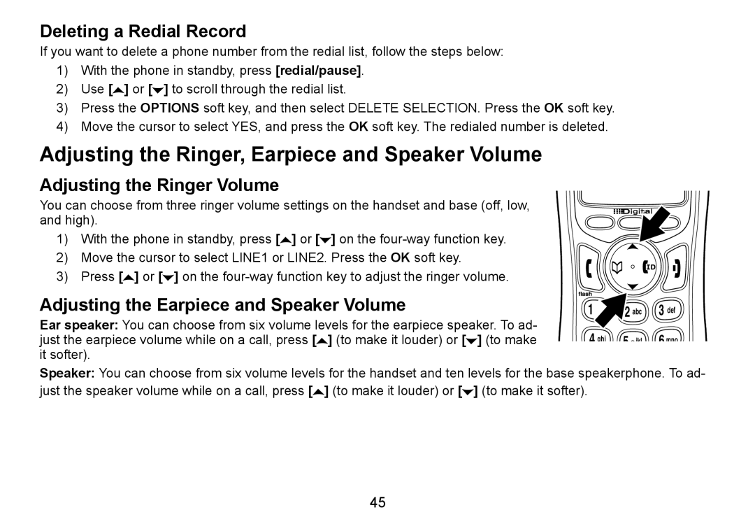 Uniden TRU9466 Adjusting the Ringer, Earpiece and Speaker Volume, Deleting a Redial Record, Adjusting the Ringer Volume 