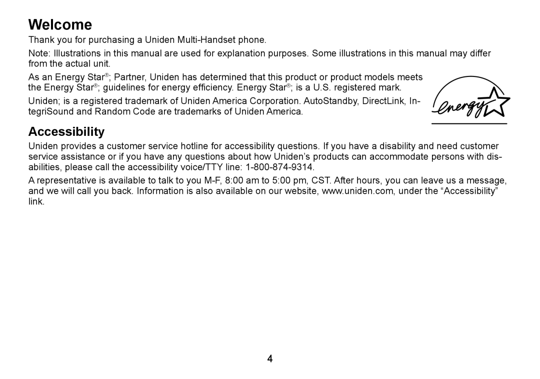 Uniden TRU9466 manual Welcome, Accessibility 