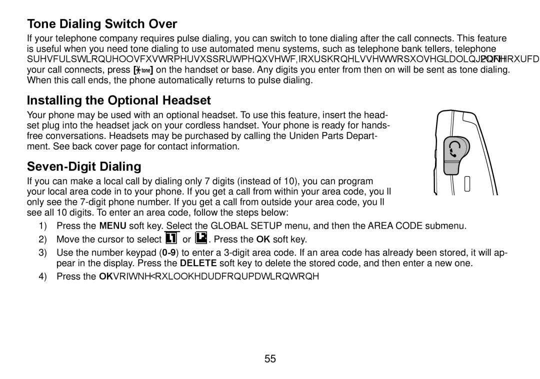 Uniden TRU9466 manual Tone Dialing Switch Over, Installing the Optional Headset, Seven-Digit Dialing 