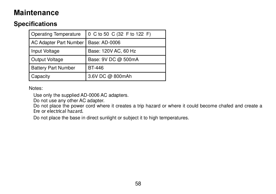 Uniden TRU9466 manual Maintenance, Specifications 