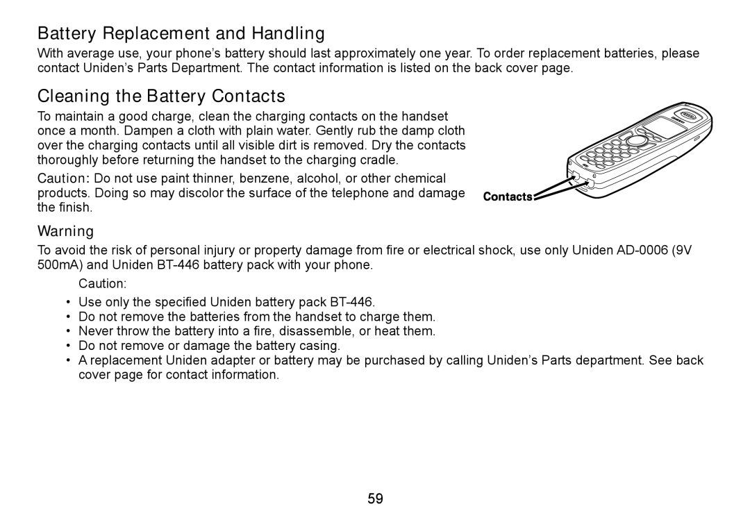 Uniden TRU9466 manual Battery Replacement and Handling, Cleaning the Battery Contacts 