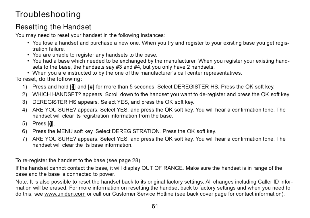 Uniden TRU9466 manual Troubleshooting, Resetting the Handset, To reset, do the following 