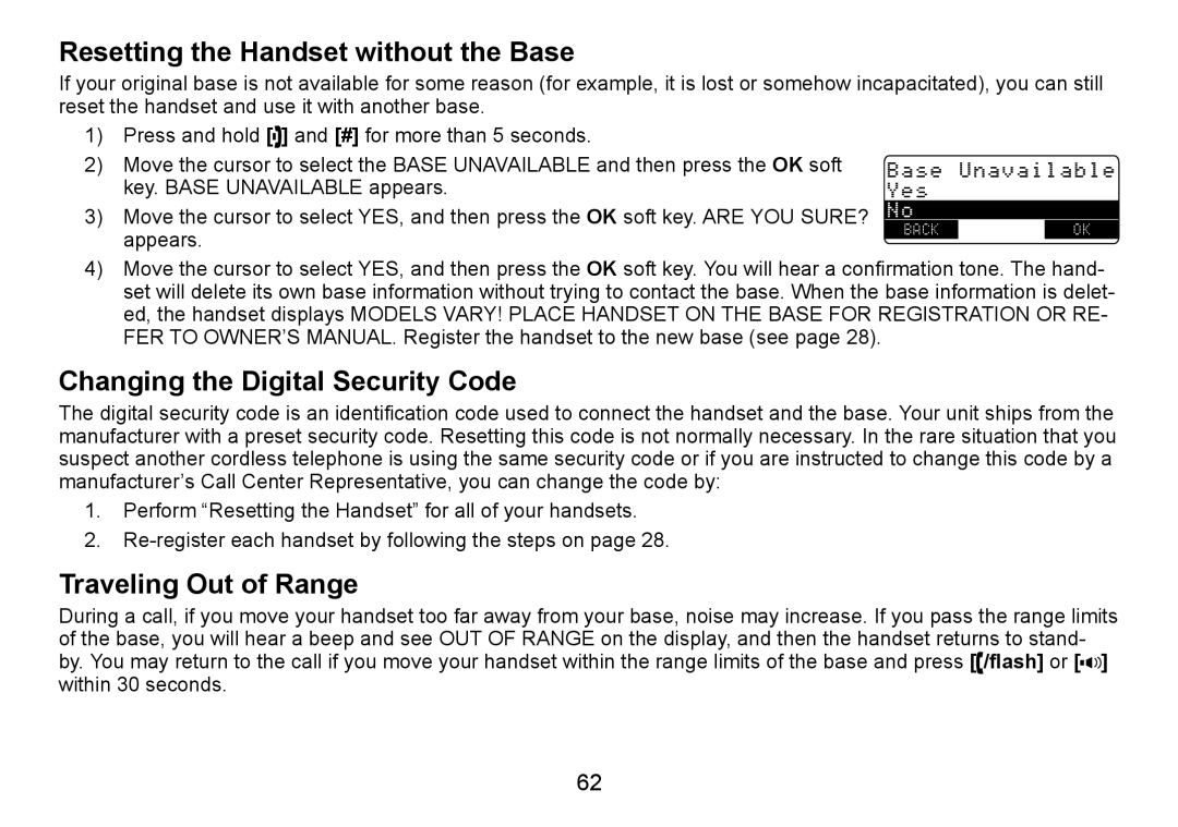 Uniden TRU9466 manual Resetting the Handset without the Base, Changing the Digital Security Code, Traveling Out of Range 