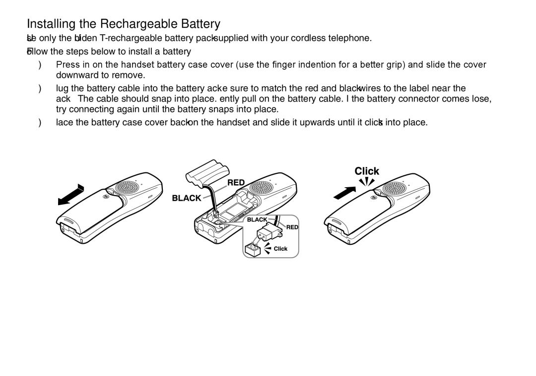 Uniden TRU9480 owner manual Installing the Rechargeable Battery 