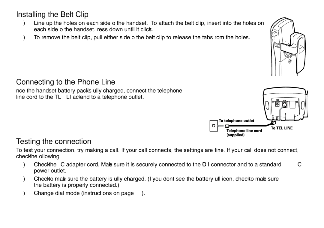 Uniden TRU9480 owner manual Installing the Belt Clip, Connecting to the Phone Line, Testing the connection 