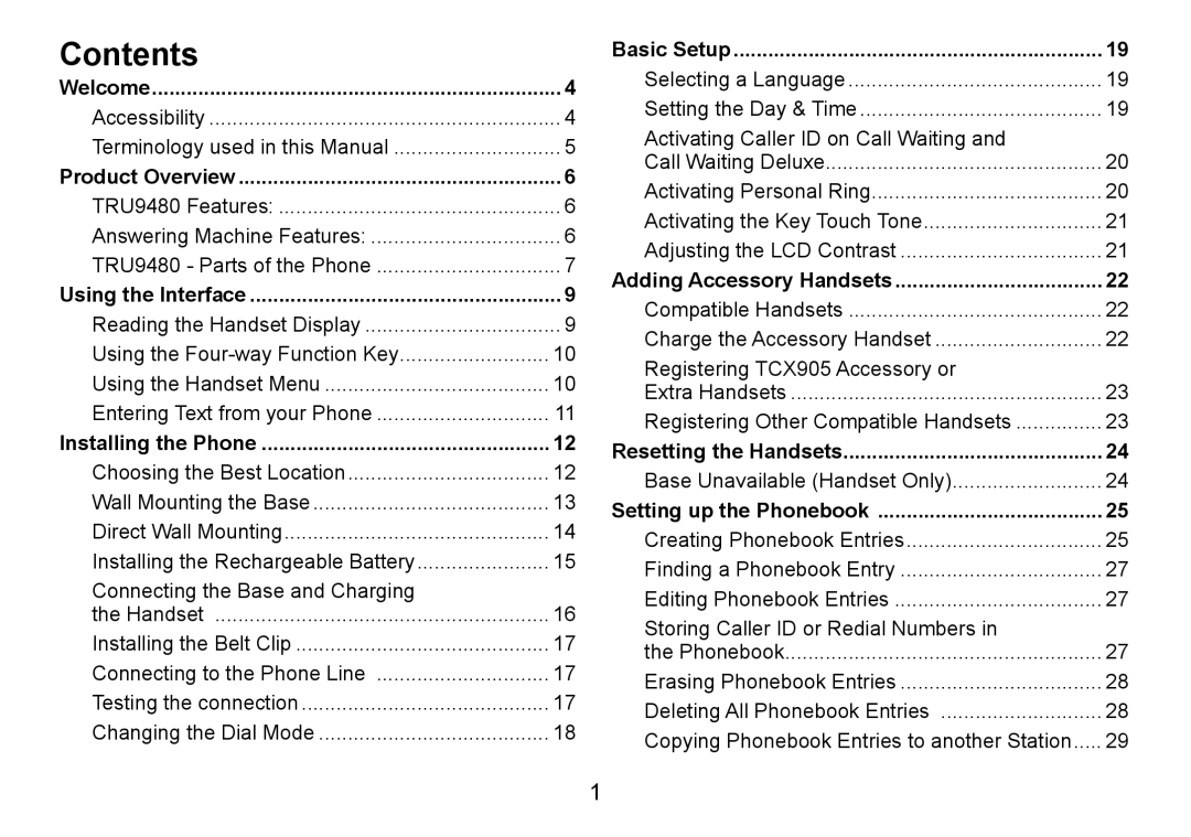 Uniden TRU9480 owner manual Contents 