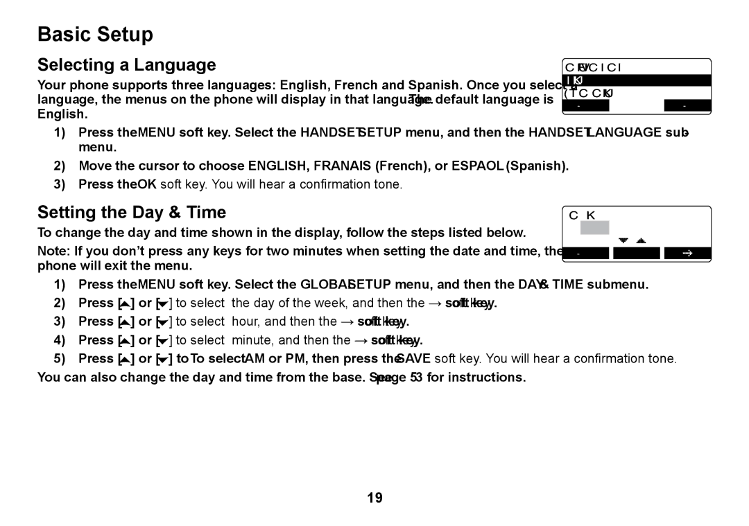 Uniden TRU9480 owner manual Basic Setup, Selecting a Language, Setting the Day & Time 