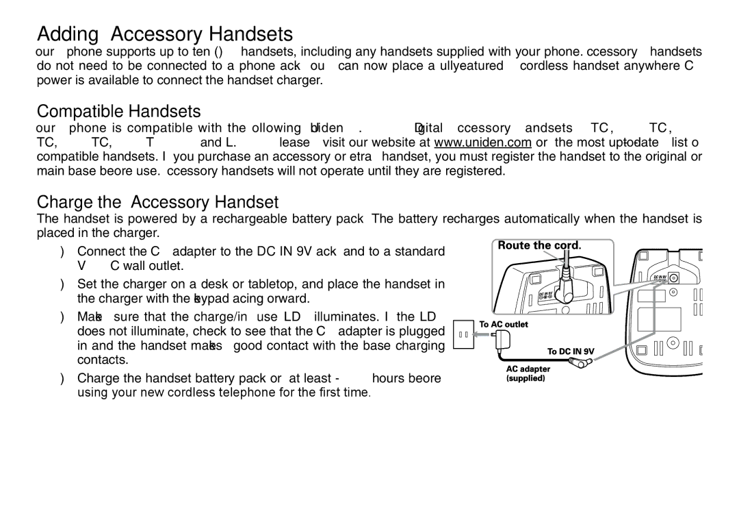 Uniden TRU9480 owner manual Adding Accessory Handsets, Compatible Handsets Charge the Accessory Handset 