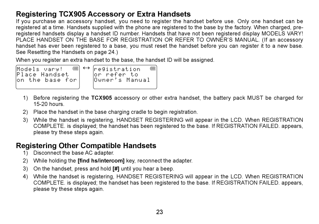 Uniden TRU9480 owner manual Registering TCX905 Accessory or Extra Handsets, Registering Other Compatible Handsets 