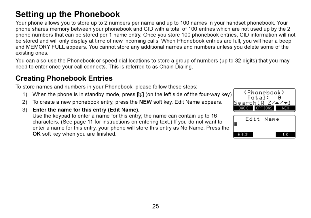 Uniden TRU9480 owner manual Setting up the Phonebook, Creating Phonebook Entries, Enter the name for this entry Edit Name 