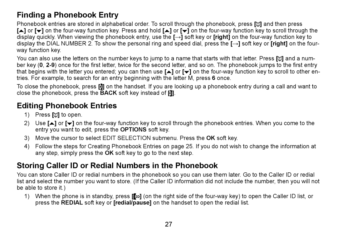 Uniden TRU9480 Finding a Phonebook Entry, Editing Phonebook Entries, Storing Caller ID or Redial Numbers in the Phonebook 