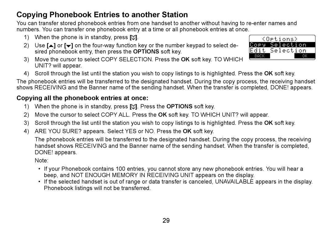 Uniden TRU9480 owner manual Copying Phonebook Entries to another Station, Copying all the phonebook entries at once 