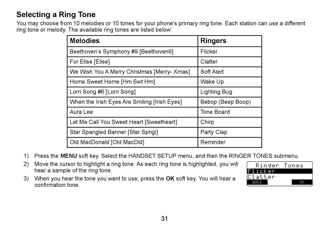 Uniden TRU9480 owner manual Selecting a Ring Tone, Melodies Ringers 