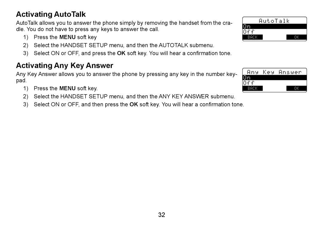 Uniden TRU9480 owner manual Activating AutoTalk, Activating Any Key Answer 