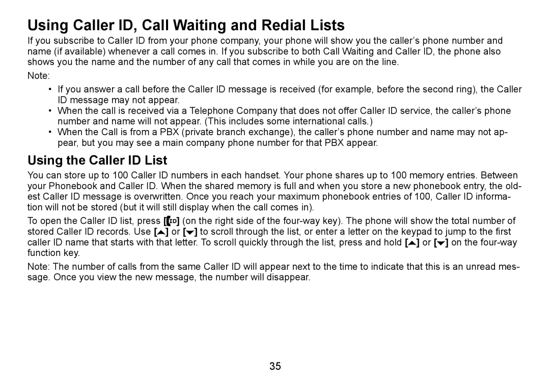 Uniden TRU9480 owner manual Using Caller ID, Call Waiting and Redial Lists, Using the Caller ID List 