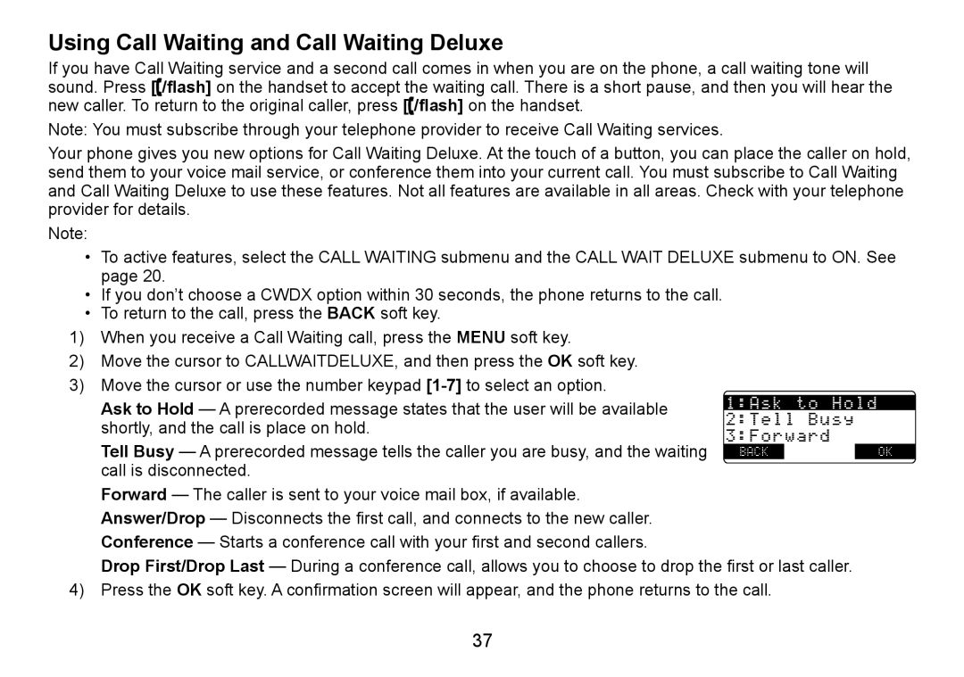 Uniden TRU9480 owner manual Using Call Waiting and Call Waiting Deluxe 