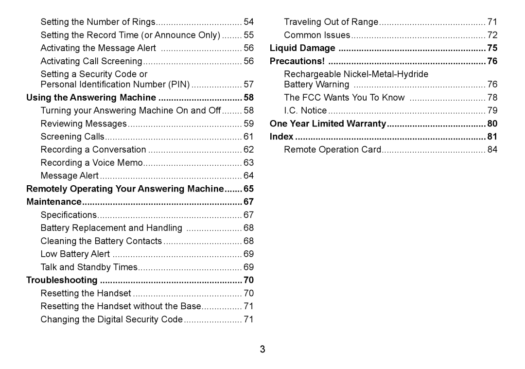 Uniden TRU9480 Liquid Damage, Precautions, Using the Answering Machine, One Year Limited Warranty, Index, Troubleshooting 