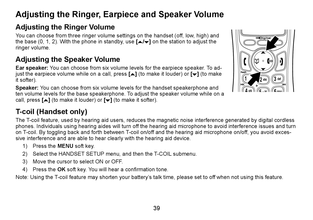 Uniden TRU9480 Adjusting the Ringer, Earpiece and Speaker Volume, Adjusting the Ringer Volume, Coil Handset only 