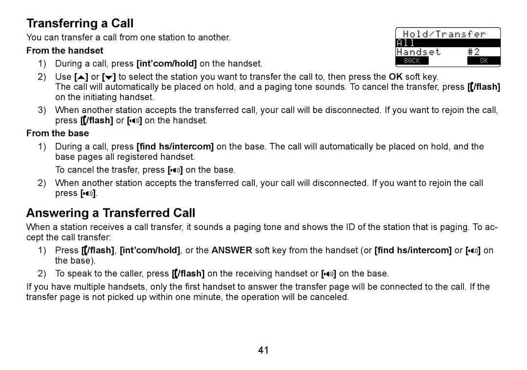 Uniden TRU9480 owner manual Transferring a Call, Answering a Transferred Call, From the handset, From the base 