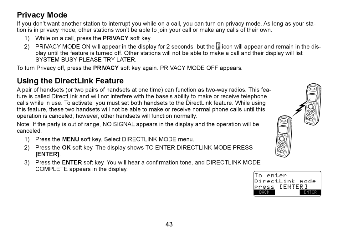 Uniden TRU9480 owner manual Privacy Mode, Using the DirectLink Feature 