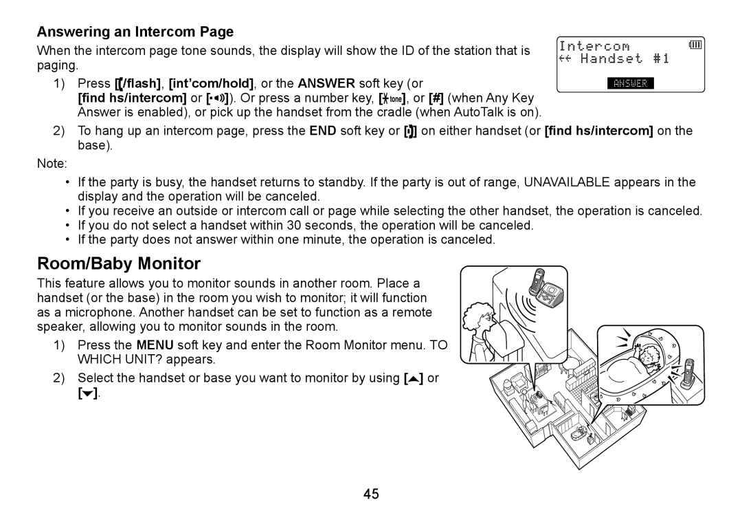 Uniden TRU9480 owner manual Room/Baby Monitor, Answering an Intercom 