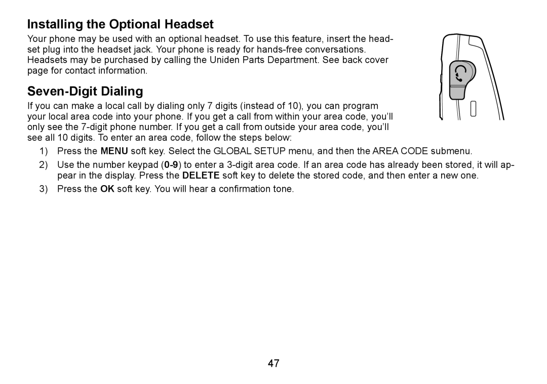 Uniden TRU9480 owner manual Installing the Optional Headset, Seven-Digit Dialing 